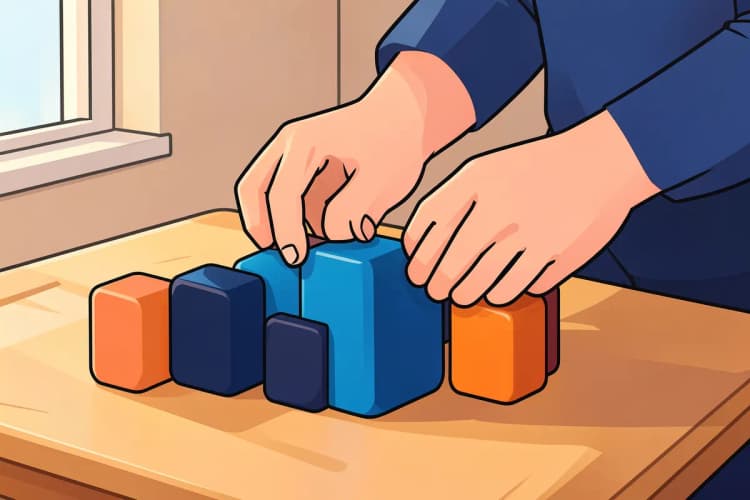 Uma pessoa organizando blocos de madeira coloridos em uma mesa, representando a organização de um orçamento.