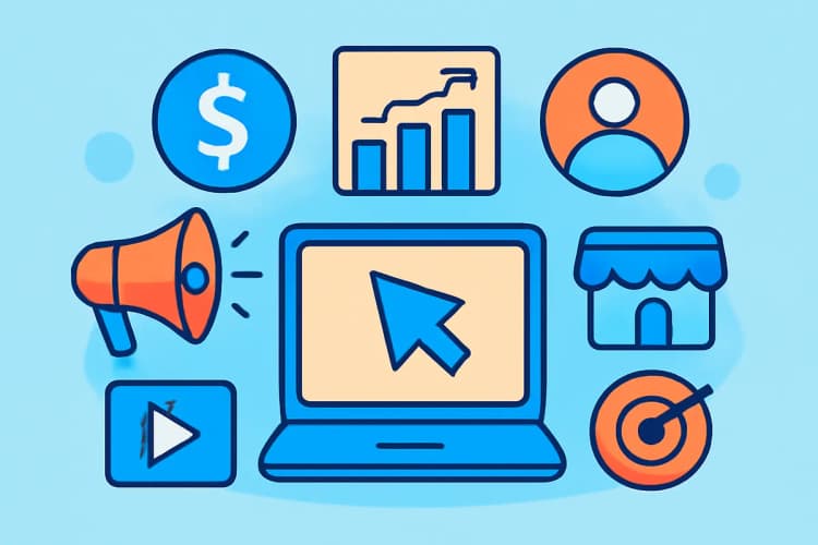 Definição de gestão de tráfego pago com ícones de marketing digital.