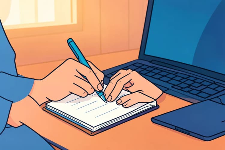 Uma pessoa escrevendo em um caderno com uma caneta, com um notebook aberto ao lado.