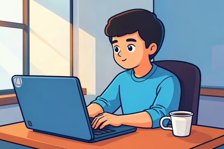 Uma pessoa sentada em frente a um notebook, com uma xícara de café ao lado, em um ambiente de escritório.