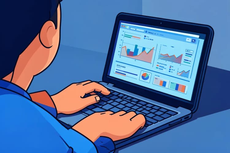 Uma pessoa analisando dados em um notebook, com gráficos e números na tela.