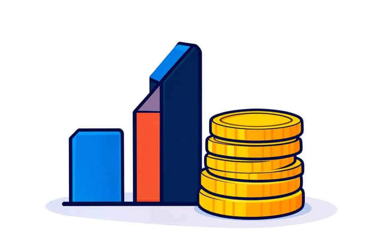 Um gráfico de barras ascendente com moedas de ouro empilhadas ao lado, em plano detalhe, com luz suave vinda de cima, representando crescimento financeiro.