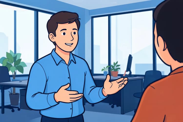 Um homem de camisa social, em plano médio, gesticula com as mãos enquanto explica algo para outra pessoa fora de quadro, em um escritório moderno com luz natural.