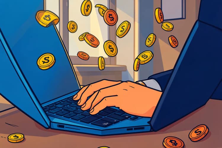Uma pessoa em plano detalhe, com as mãos sobre um teclado de notebook, com moedas de dinheiro caindo ao redor, em um ambiente de escritório com luz de fim de tarde.