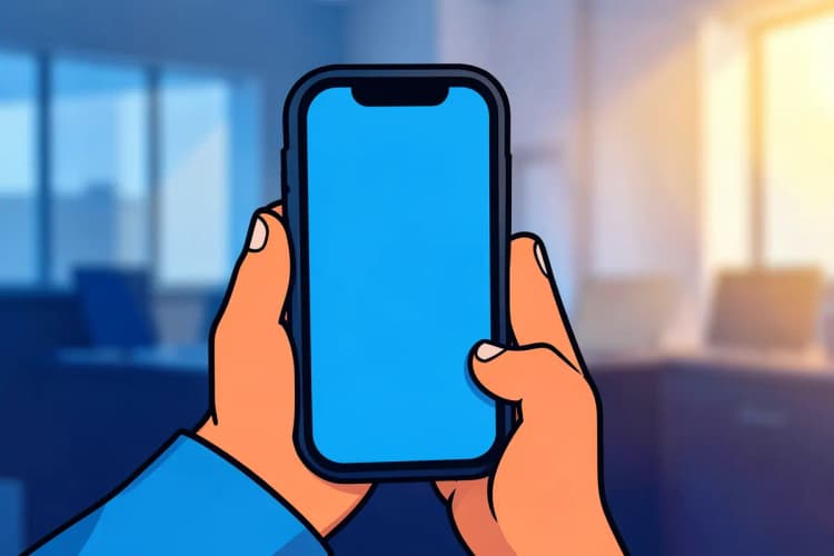Uma pessoa em plano aproximado, com as mãos segurando um celular com a tela apagada, em um fundo desfocado de escritório, com luz suave vinda da direita.