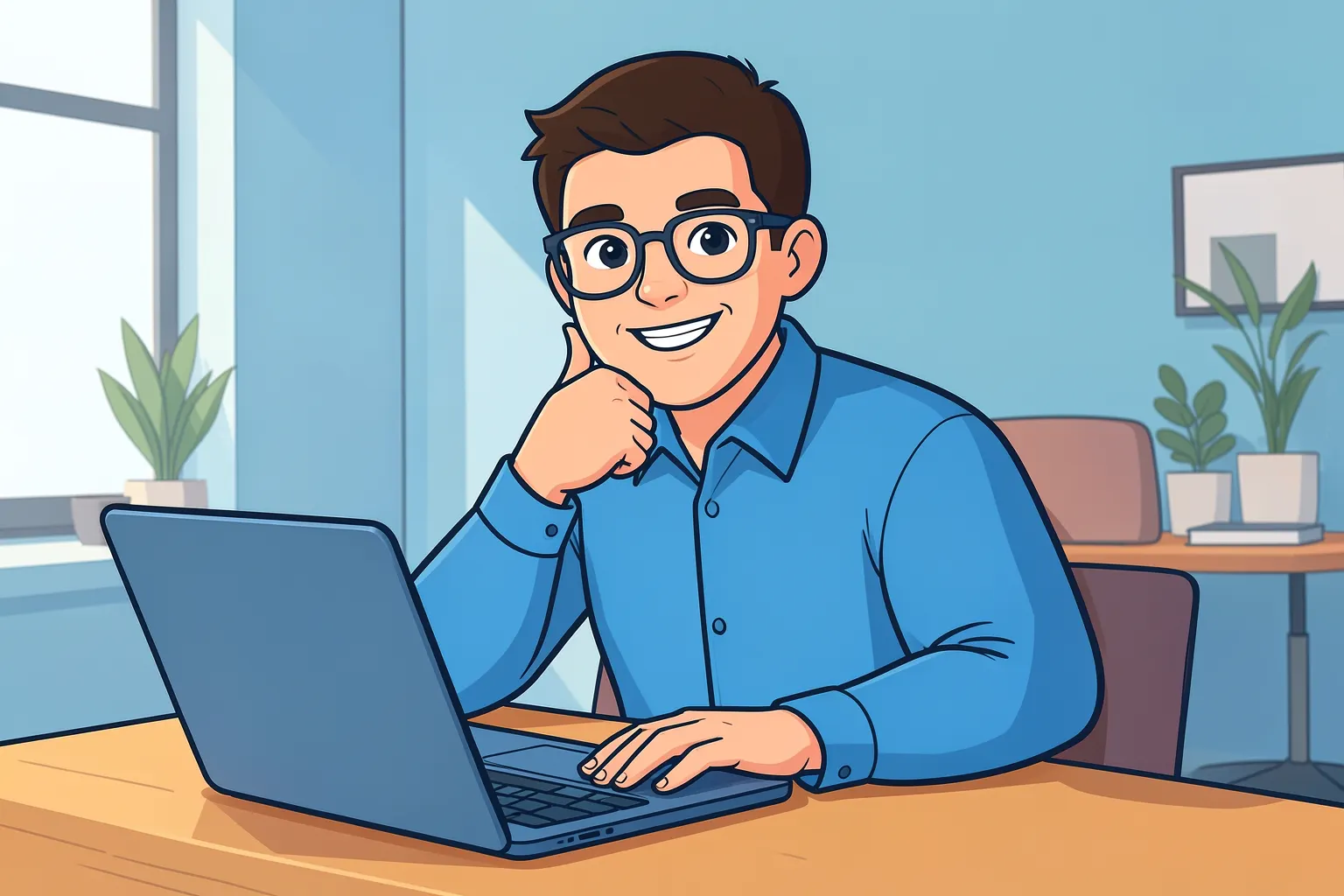 Um homem de óculos e camisa social azul, em plano médio, sorri para a câmera com uma mão no queixo e a outra apoiada em um notebook aberto em uma mesa de madeira clara, com luz natural vinda da esquerda em um ambiente de escritório moderno.