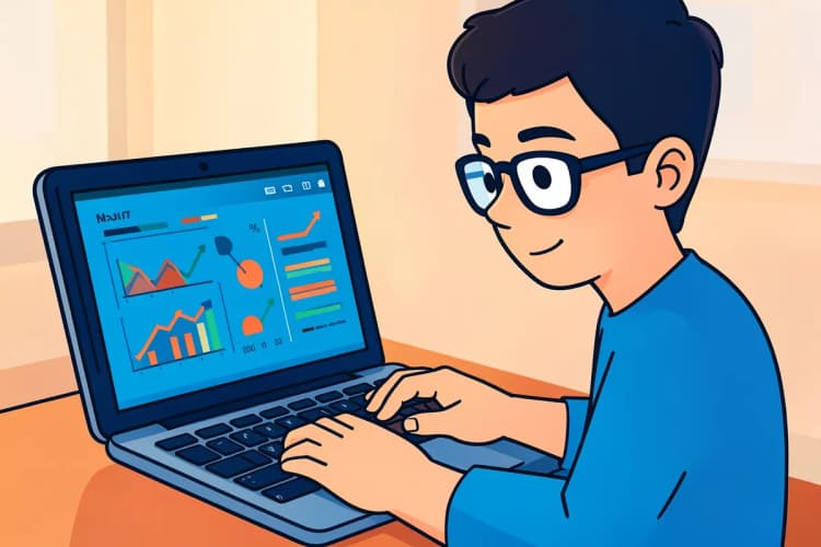 Um homem de óculos em frente a um laptop com gráficos e números na tela.