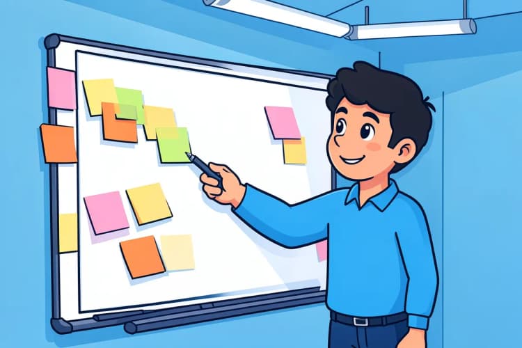Um profissional de marketing digital planejando campanhas em um quadro branco com post-its.