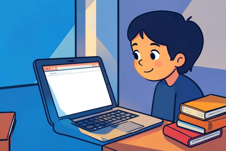 Uma pessoa estudando online em um laptop com livros ao lado.