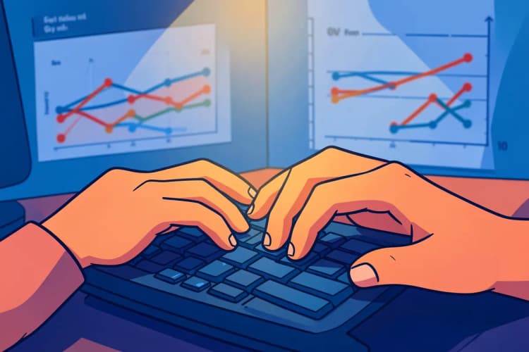 Mãos digitando em um teclado de computador com gráficos de crescimento ao fundo.