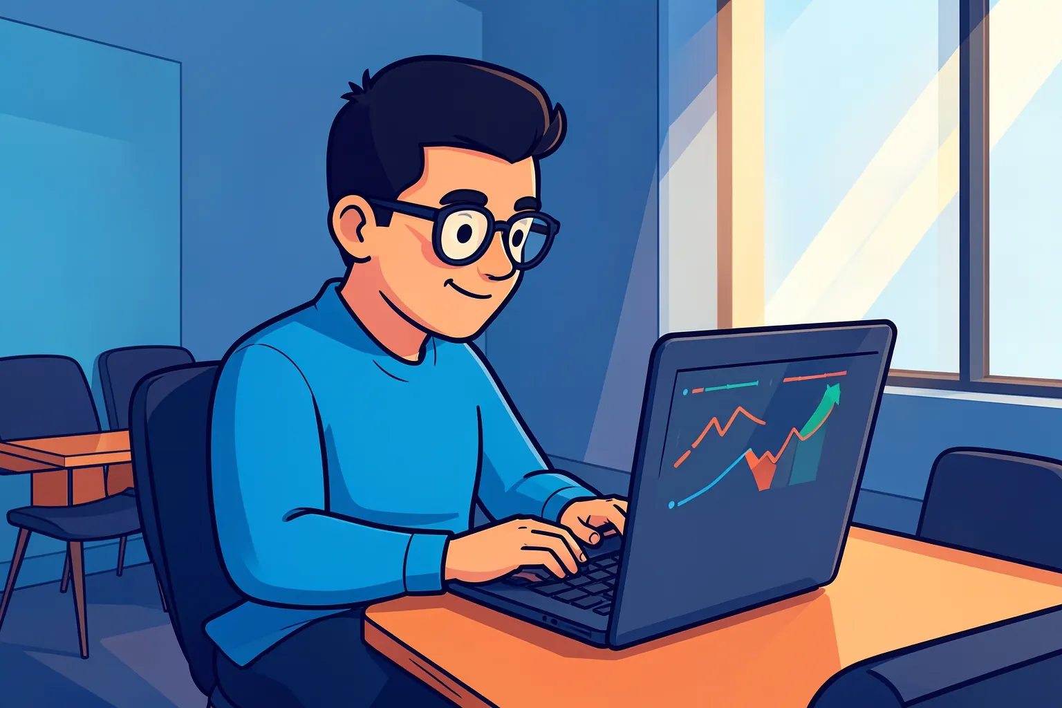 Um homem de óculos trabalhando em um laptop com gráficos na tela em um escritório moderno.
