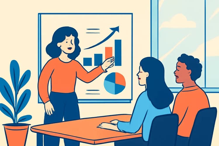 Mulher explicando gráficos de desempenho em uma reunião com colegas.
