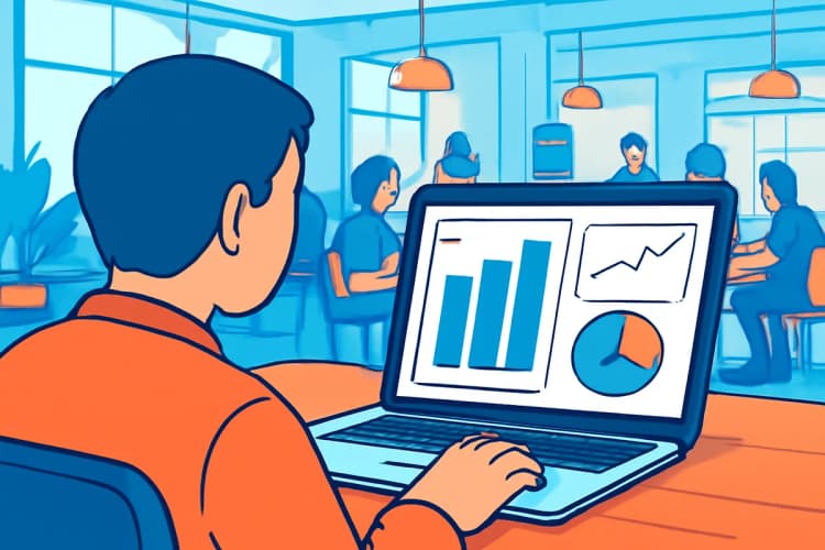 Profissional de marketing analisando métricas em um laptop em um espaço de coworking.