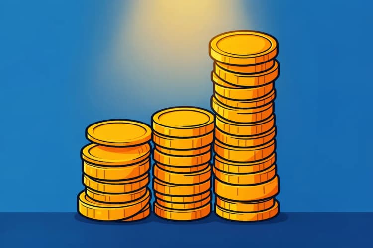 Um gráfico de barras ascendente feito de moedas de ouro empilhadas, em close-up, com luz dourada vinda de cima, representando crescimento financeiro.