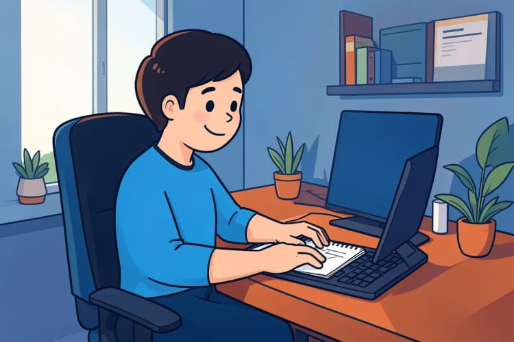 Uma pessoa sentada em uma cadeira de escritório, em plano médio, digitando em um notebook com as duas mãos, com luz suave vinda da janela lateral em um ambiente de home office organizado.
