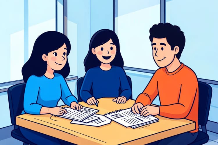 Um grupo de três pessoas em plano médio, duas mulheres e um homem, sentados ao redor de uma mesa de madeira clara em um escritório moderno, discutindo ideias com papéis e um notebook sobre a mesa, com luz natural vinda da janela.