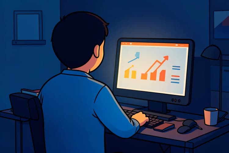 Uma pessoa em plano médio, de costas, olhando para uma tela de computador com gráficos e números em um ambiente de escritório com pouca luz, com a luz da tela iluminando o rosto.