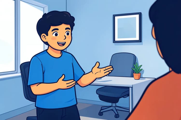 Uma pessoa em plano médio, em um escritório moderno, gesticulando com as duas mãos enquanto explica algo para outra pessoa fora de quadro, com luz natural vinda da janela lateral.
