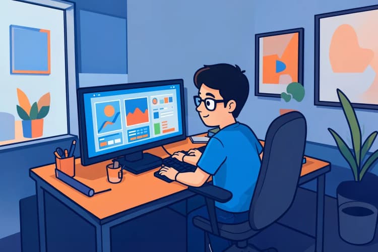 Um homem de óculos com expressão concentrada, olhando para a tela de um computador com gráficos e números, em um escritório moderno.