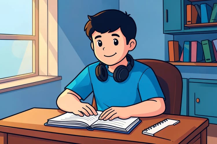 Um jovem sentado em uma mesa com um notebook aberto, fones de ouvido e um caderno, em um ambiente de estudo iluminado.