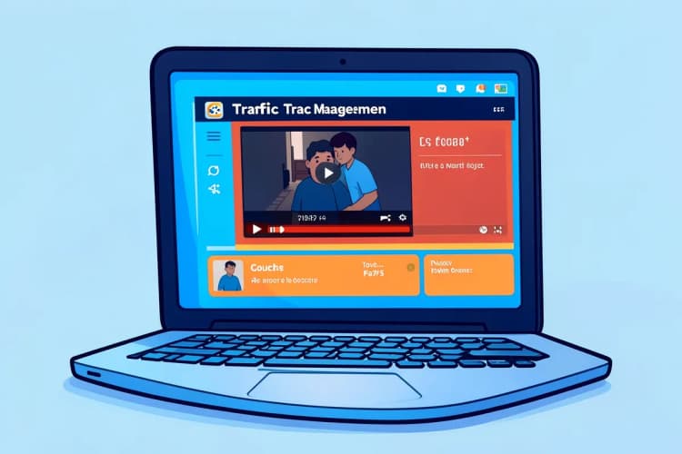 Um close-up de um notebook exibindo um curso online com vídeos e textos sobre gestão de tráfego.
