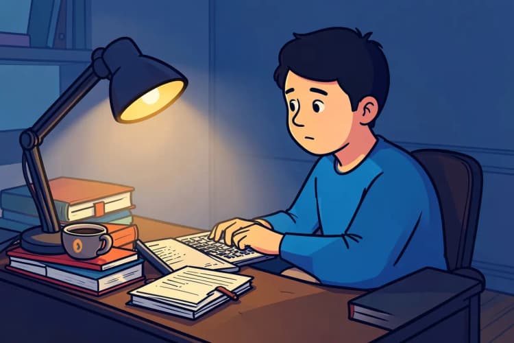 Uma pessoa pensativa sentada em uma mesa com um notebook e um café, cercada por livros e anotações, em um ambiente de estudo.
