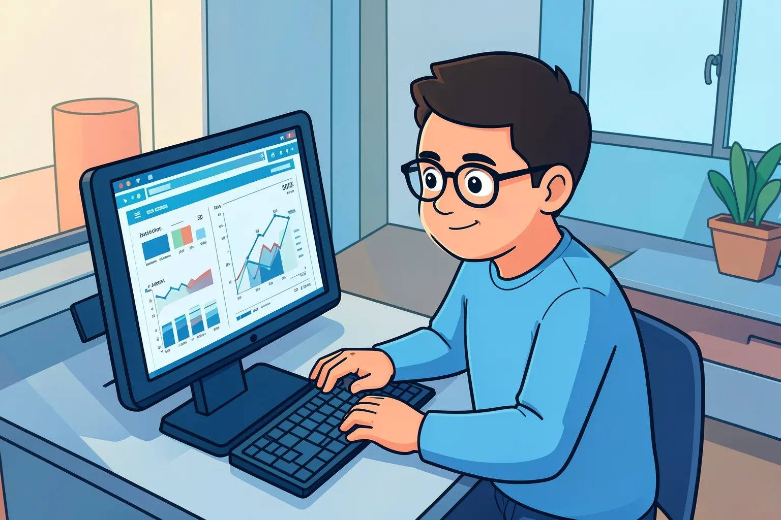 Um homem de óculos com expressão concentrada, olhando para a tela de um computador com gráficos e números, em um escritório moderno.