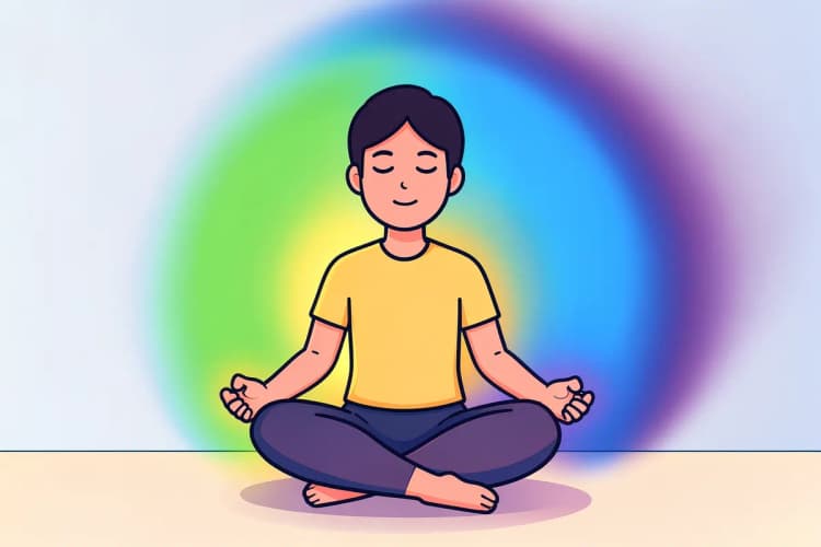 Ilustração de uma pessoa meditando em posição de lótus, com auras coloridas ao redor da cabeça, representando diferentes estados de consciência.