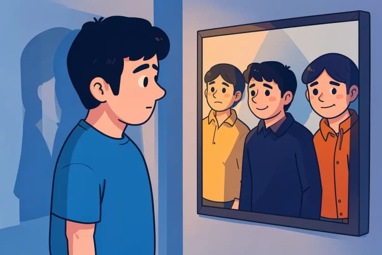 Uma pessoa olhando para um espelho que reflete múltiplas versões de si mesma em diferentes expressões faciais e roupas.