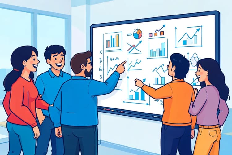 Um grupo de pessoas em uma reunião discutindo estratégias de marketing em um quadro branco com gráficos e diagramas.