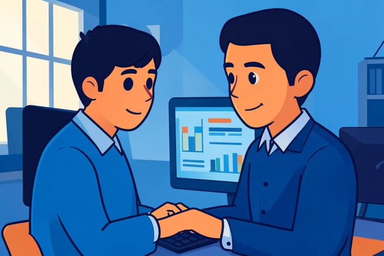 Um profissional de marketing revisando relatórios de desempenho em um computador em um escritório moderno.