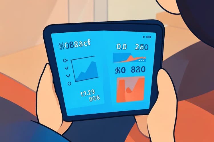 Um profissional de marketing analisando dados em um tablet, com gráficos e números visíveis.