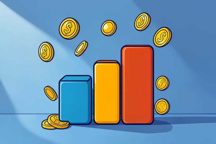 Gráfico de barras ascendente com moedas de ouro caindo ao redor, em plano detalhe, com luz de estúdio vindo da esquerda, em um momento de crescimento financeiro.