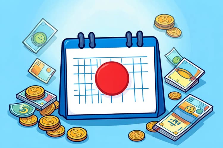 Um calendário aberto com um círculo vermelho em um dia, cercado por moedas e notas de dinheiro, em plano geral, com luz suave vindo de cima, em um momento de planejamento financeiro.