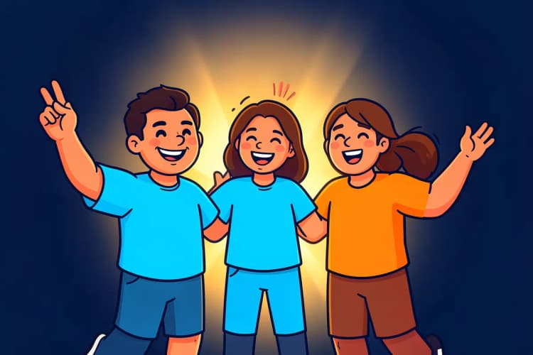 Um grupo de cinco pessoas sorrindo e acenando em um círculo, em plano geral, com luz do sol vindo de trás, em um momento de celebração de metas alcançadas.
