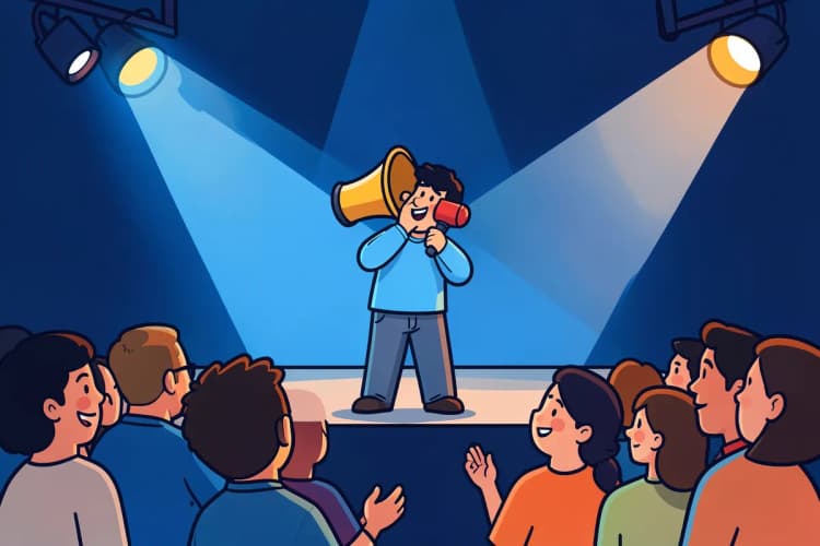 Um homem com um megafone falando para uma multidão de pessoas em um palco, em plano aberto, com luzes de show vindo de frente, em um momento de anúncio público.