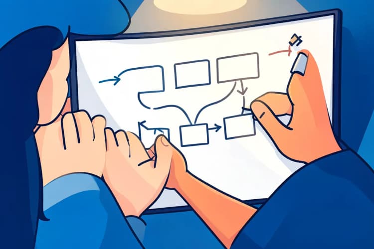 Uma pessoa com um quadro branco e marcadores, desenhando um fluxograma com setas e caixas, em plano detalhe, com luz de escritório vindo de cima, em um momento de explicação de processo.
