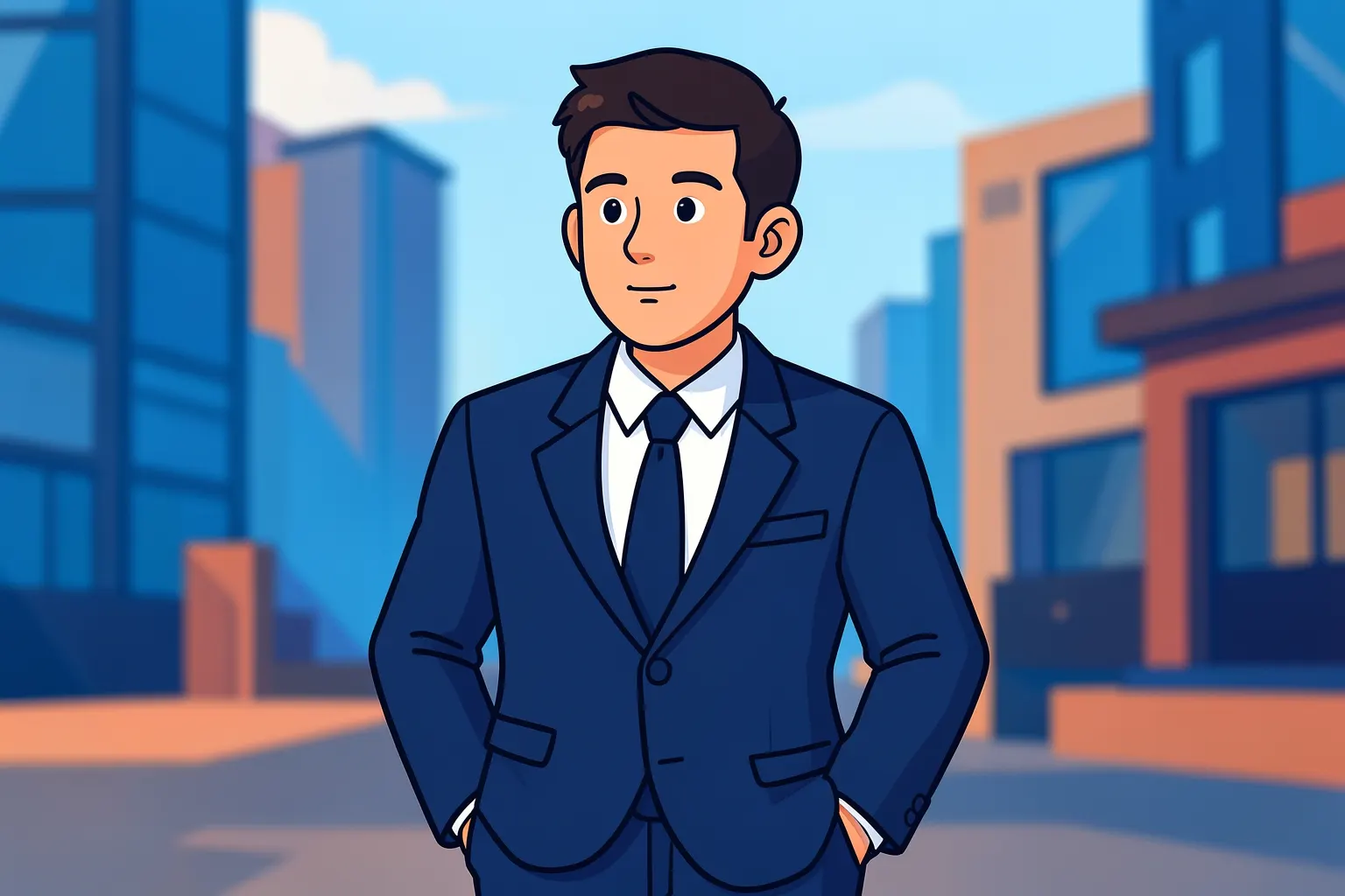 Um homem de terno azul escuro, com as mãos nos bolsos, em frente a um fundo desfocado de prédios modernos, em plano médio, com luz do dia vindo de cima, em um momento de contemplação.