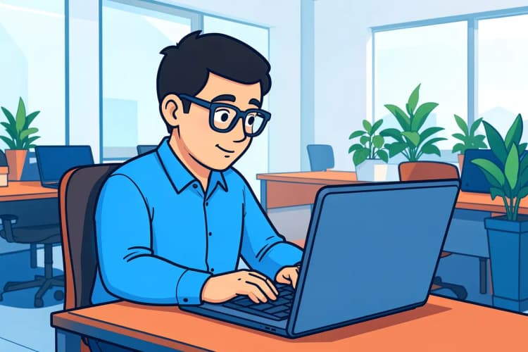 Um homem de óculos e camisa social azul olha atentamente para a tela de um notebook, com gráficos e números em sua frente, em um escritório moderno.