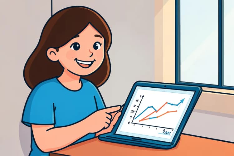 Uma mulher sorri enquanto aponta para um gráfico de crescimento em um tablet, em uma sala de reunião com outras pessoas ao fundo.
