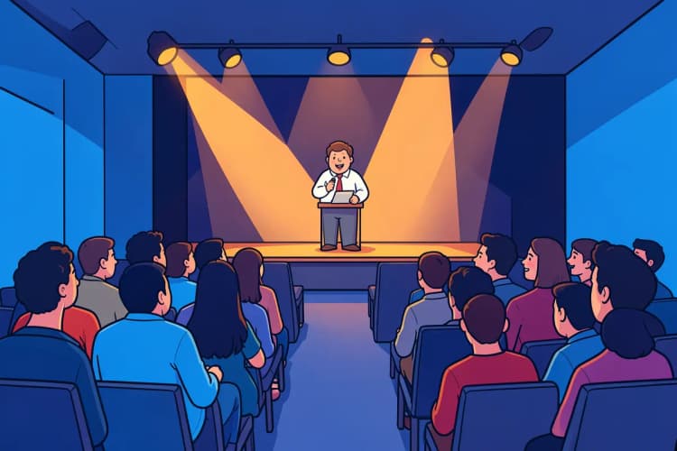 Um grupo de pessoas em um seminário assiste atentamente a um palestrante em um palco, com projeções de slides ao fundo.