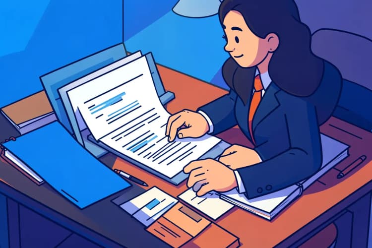 Um profissional de marketing analisa relatórios em uma mesa com um notebook e papéis, em um ambiente de escritório organizado.