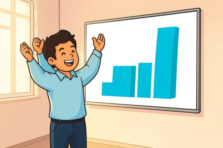 Uma pessoa comemora um sucesso financeiro com as mãos para cima, em frente a um gráfico de barras ascendente em um quadro branco.