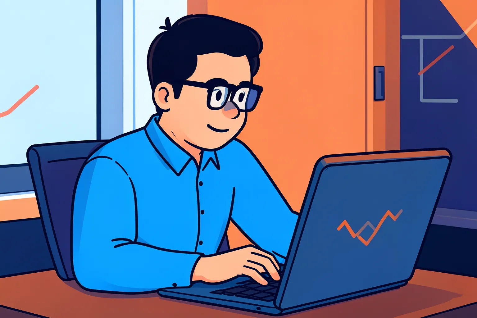 Um homem de óculos e camisa social azul olha atentamente para a tela de um notebook, com gráficos e números em sua frente, em um escritório moderno.