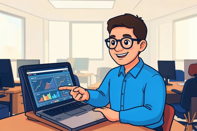 Um homem de óculos e camisa social azul, sorrindo, aponta para a tela de um notebook com gráficos e números simulando um painel de dados.