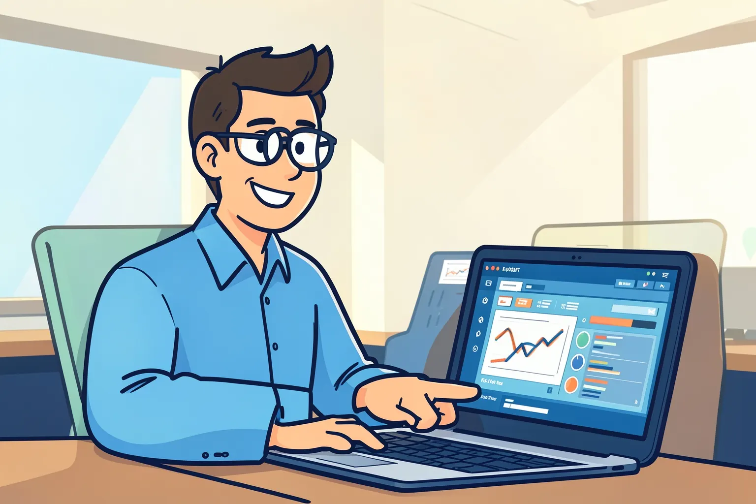 Um homem de óculos e camisa social azul, sorrindo, aponta para a tela de um notebook com gráficos e números simulando um painel de dados.