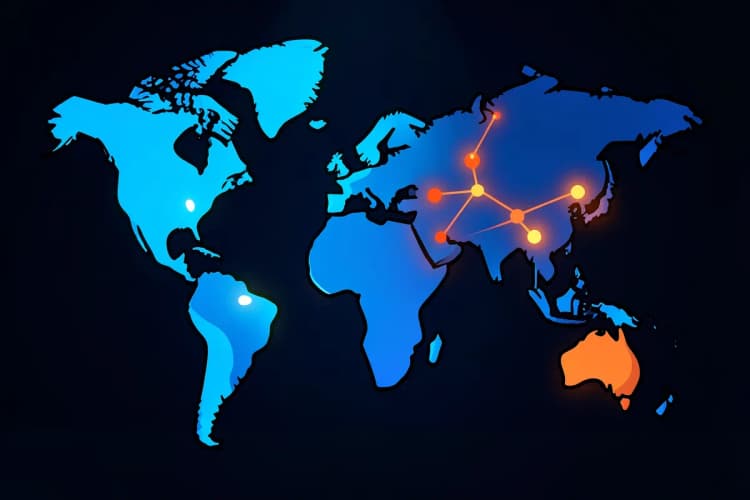 Um mapa do mundo com pontos de conexão e círculos destacados em diferentes regiões, simbolizando segmentação de público.