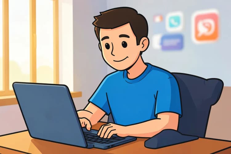 Um homem de camiseta azul, sentado em uma mesa, digita em um laptop com um sorriso, com gráficos e ícones de redes sociais ao fundo.