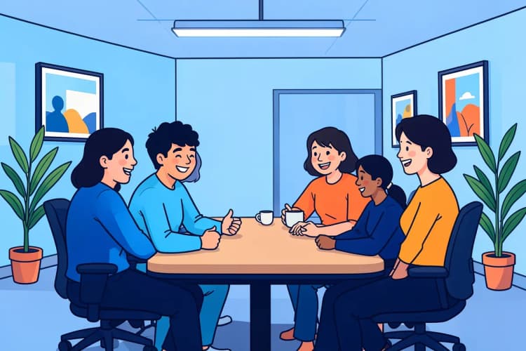 Um grupo de pessoas em um escritório moderno, colaborando em torno de uma mesa com um tablet e papéis espalhados.