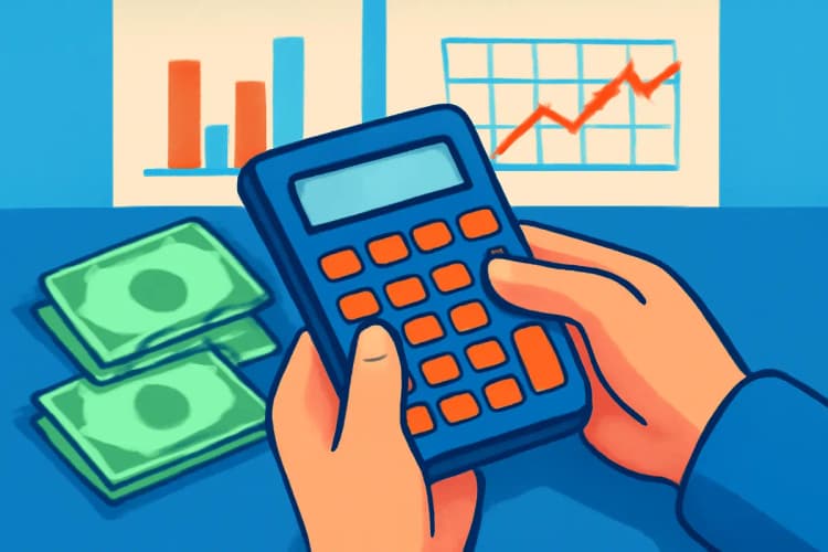 Pessoa calculando custos em uma calculadora com gráficos financeiros ao fundo